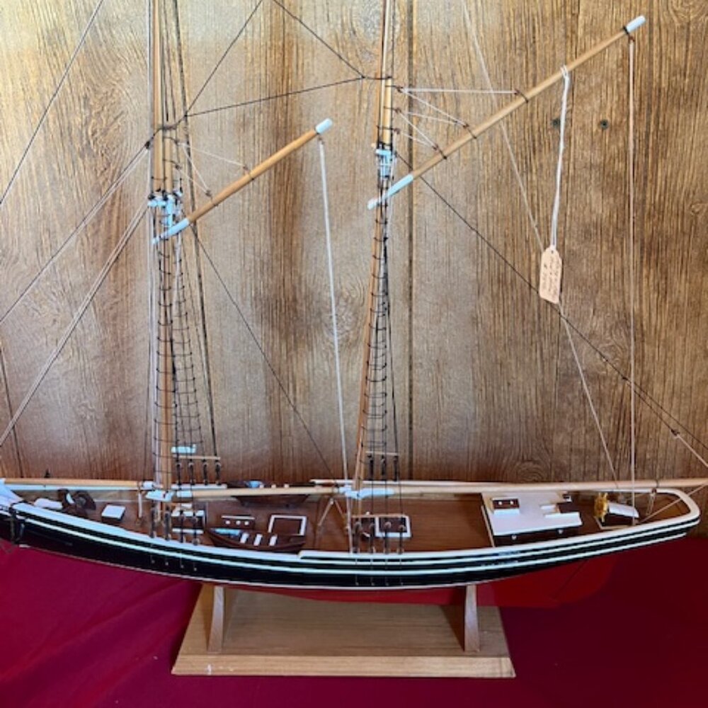 Vintage Wooden Schooner Ship Model on Stand – Handcrafted Nautical Collectible